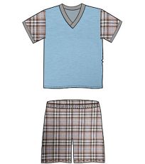 vzor 27

	- melírované tričko ve světle modré barvě (nemá kapsičku) - výstřih do "V" a lemy rukávů olemované kontrastní modrou barvou - krátké kalhoty a rukávy jsou kostkované
