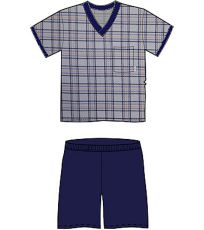 vzor 56

	- kostkované tričko s kapsičkou - výstřih do "V" a lemy rukávů olemované kontrastní tmavě modrou barvou - krátké, jednobarevné, tmavě modré kalhoty
