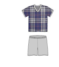 vzor 71

	- kostkované tričko s kapsičkou - výstřih do "V" a lemy rukávů olemované kontrastní světle šedou barvou - krátké, jednobarevné, světle šedé kalhoty
