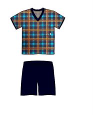 vzor 95

	- kostkované tričko s kapsičkou - výstřih do "V" a lemy rukávů olemované kontrastní tmavě modrou barvou - krátké, jednobarevné, tmavě modré kalhoty

